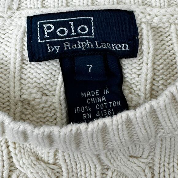 Polo Ralph Lauren Cable Knit Cream Sweater Size 7 Kids Classic Preppy Crewneck - Picture 4 of 5